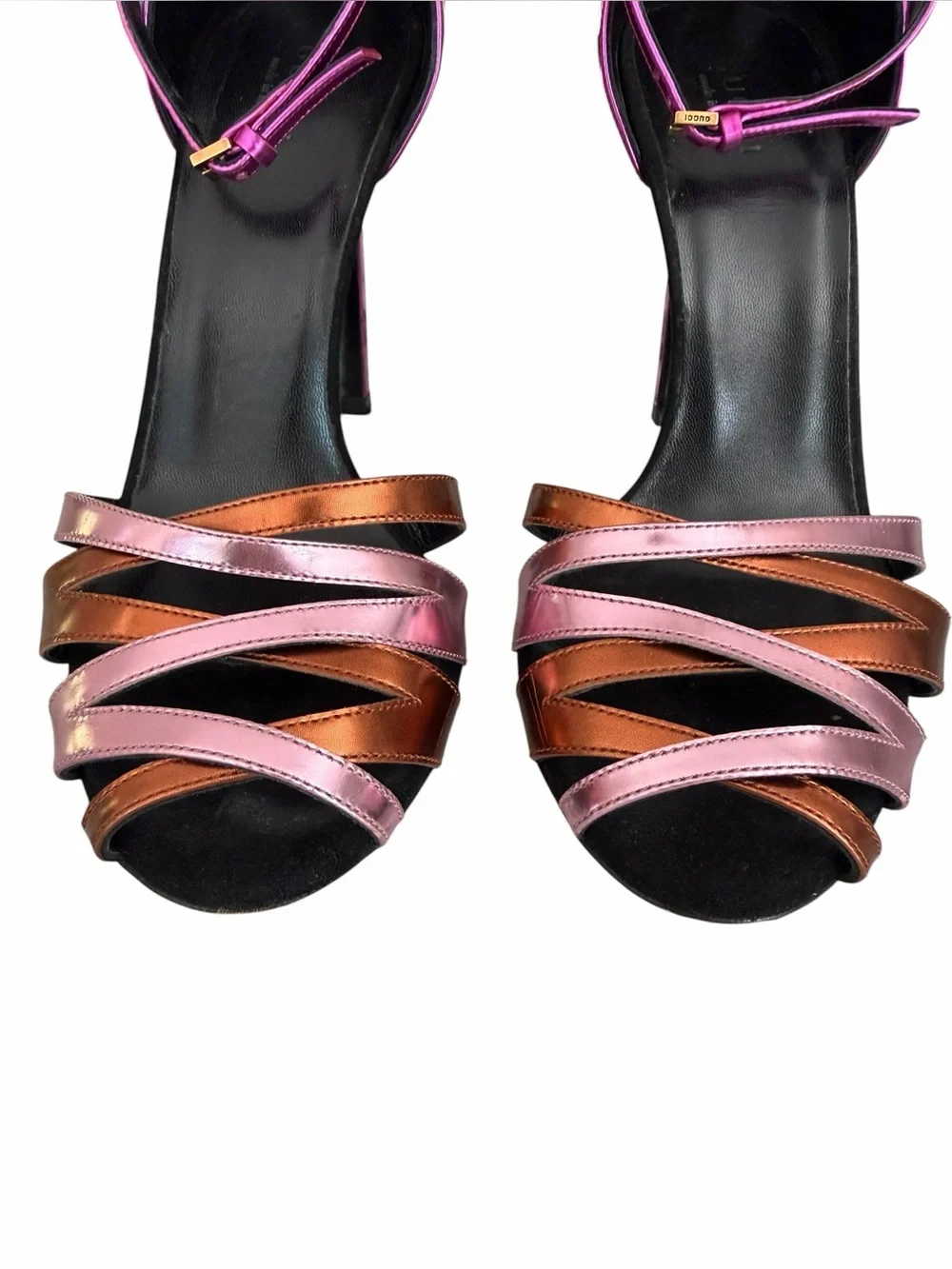 Gucci Sand Pelle S Cuoio Glow Light Pink Metallic Ankle Strap Heels Size 36.5
